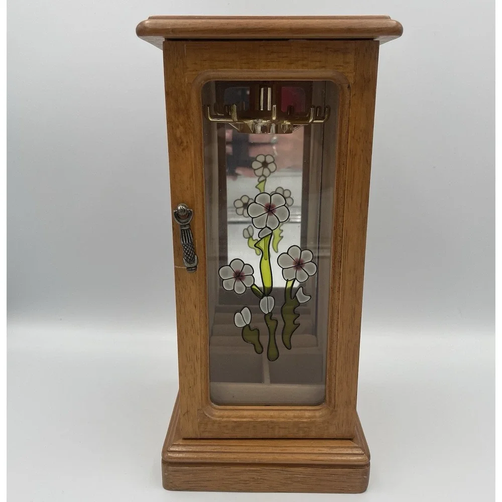 Vtg.  Wooden Jewelry Box Centurion Ring Chest Floral Stained Glass Door Mirror